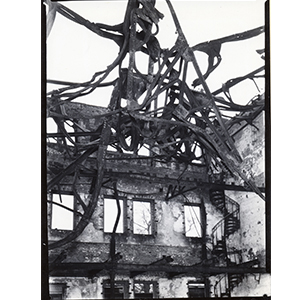 Twisted metal frame of the hall’s interior following air raids on Tokyo