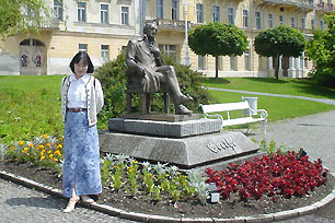 Next to a statue of Goethe in his favorite spa resort of Marienbad (now Mariánské Lázně in the Czech Republic)