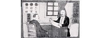 <4>1893(明治26)年発行の「延世義勇忠臣雙六」の一部に描かれた福澤先生(右)と北里柴三郎