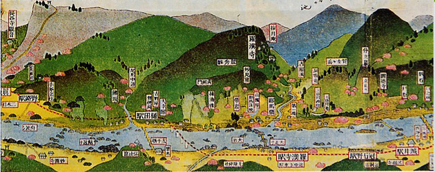 <3>　中央の山が青の洞門や羅漢寺を含む競秀峰